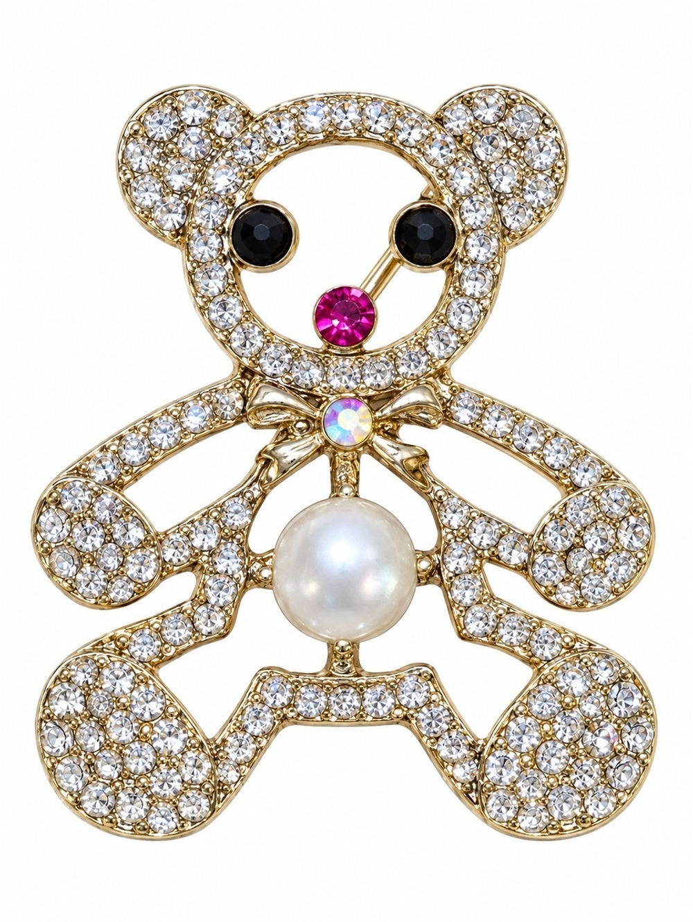 Vintage Teddy Bear Brooch Gold Tone Multicolor Rhinestone Faux Pearl